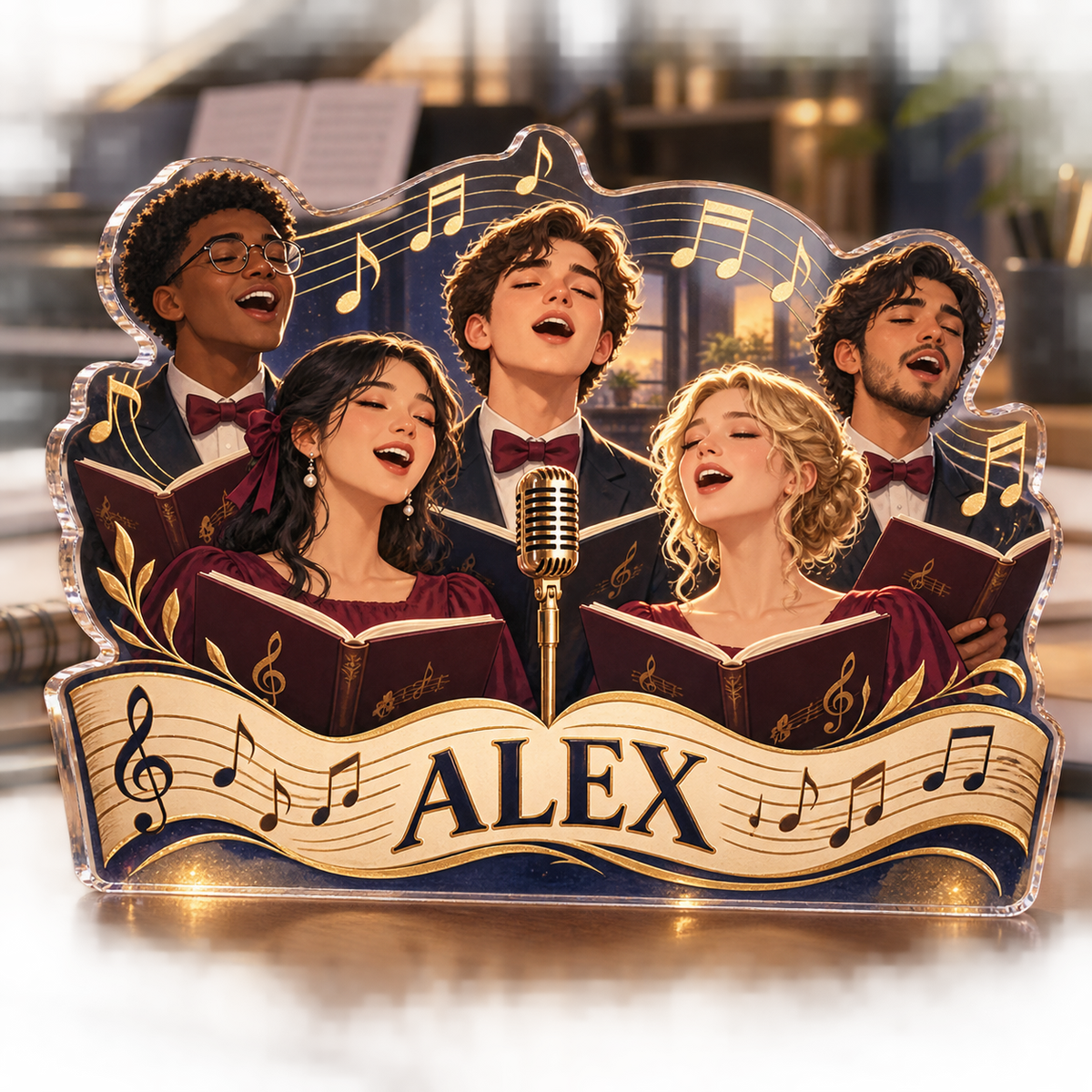 Artwork visualization: Choir singing — creative desk setup, personalized ALEX, subject-shaped acrylic with printed optical 3D depth; not carved relief.