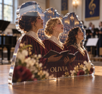 Artwork visualization: Choir singing — everyday hobby identity, personalized OLIVIA, subject-shaped acrylic with printed optical 3D depth; not carved relief.