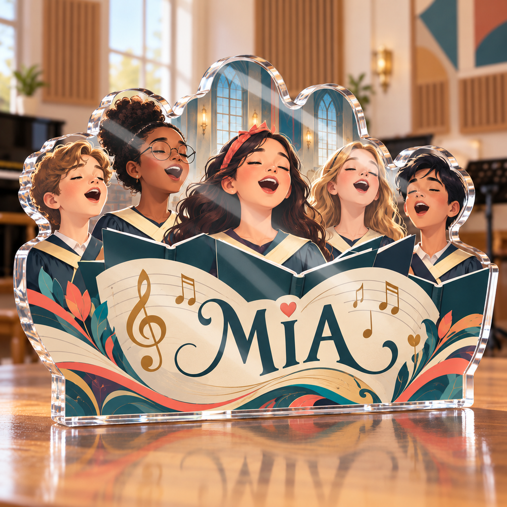 Artwork visualization: Choir singing — beginner encouragement, personalized MIA, subject-shaped acrylic with printed optical 3D depth; not carved relief.