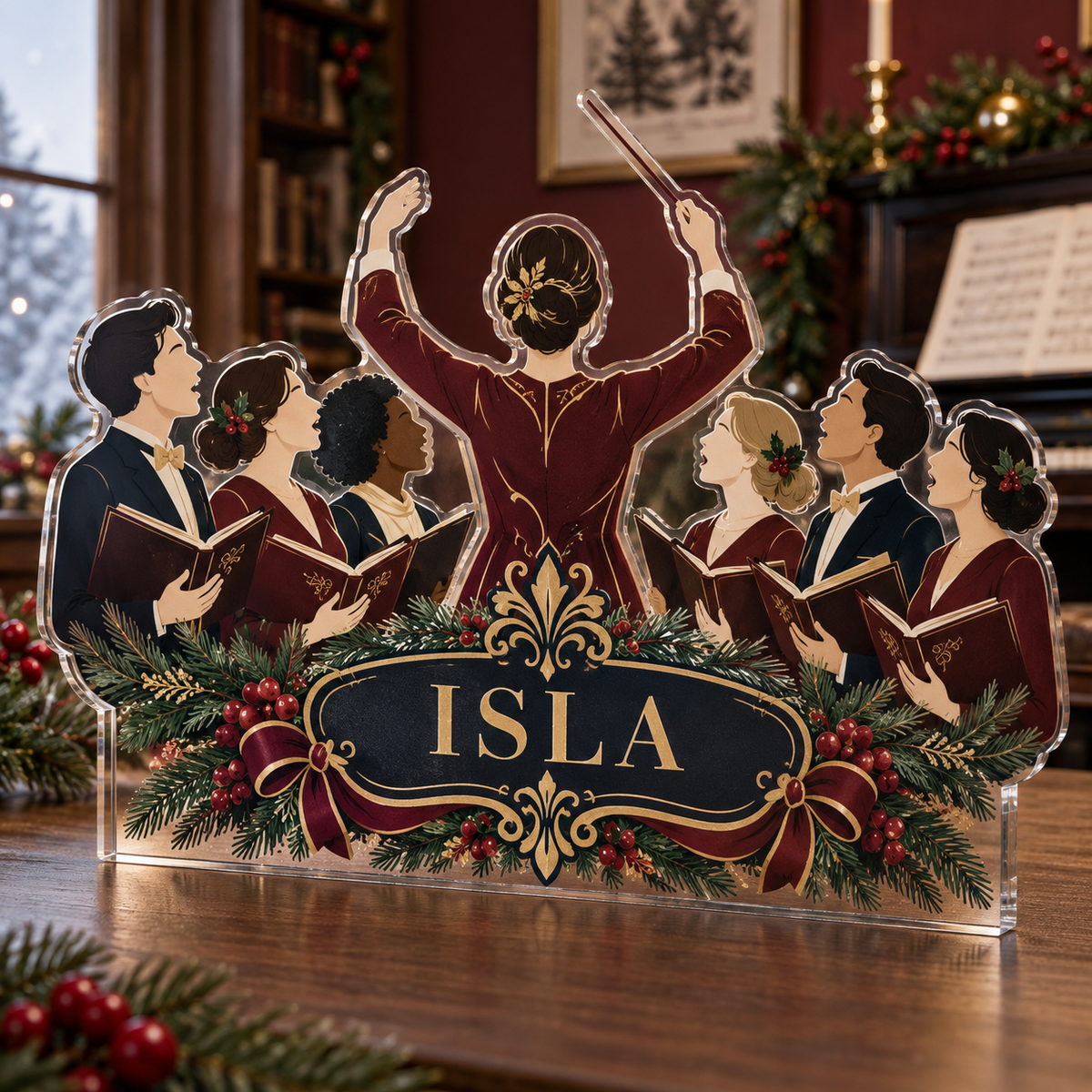 Artwork visualization: Choir singing — mentor appreciation, personalized ISLA, subject-shaped acrylic with printed optical 3D depth; not carved relief.