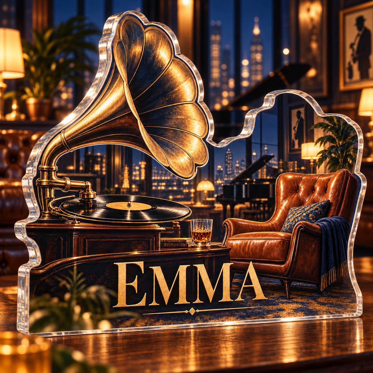 Artwork visualization: Jazz listening room — studio wall identity, personalized EMMA, subject-shaped acrylic with printed optical 3D depth; not carved relief.