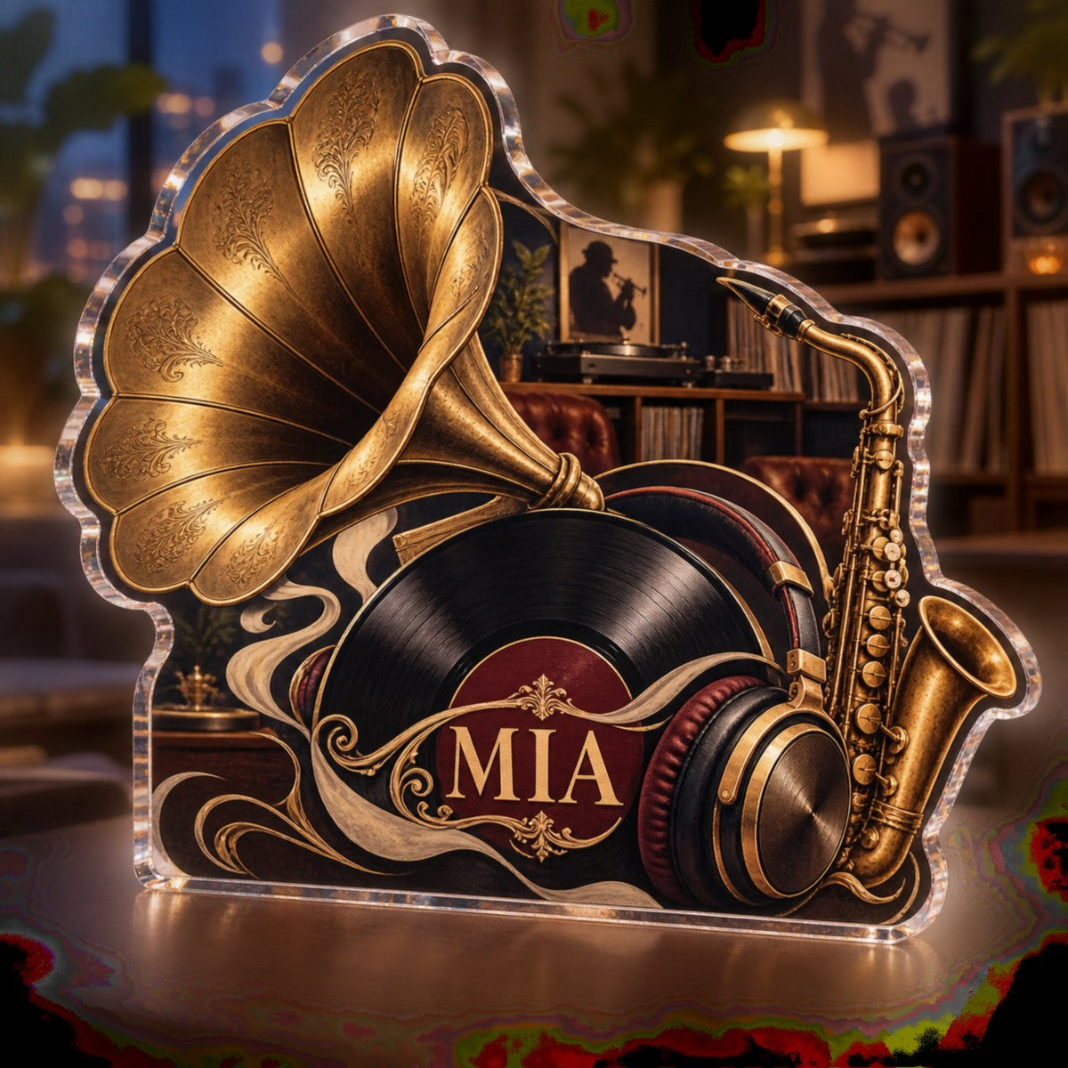 Personalized Jazz Listening Room Creative Desk Setup custom shape acrylic plaque with an example name set into the artwork, digital preview