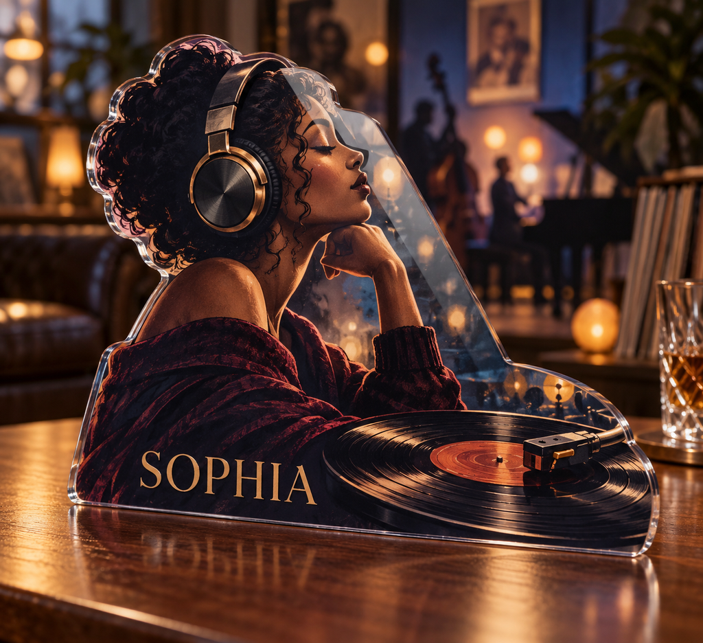 Artwork visualization: Jazz listening room — everyday hobby identity, personalized SOPHIA, subject-shaped acrylic with printed optical 3D depth; not carved relief.