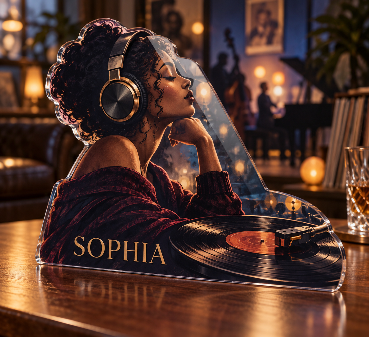 Artwork visualization: Jazz listening room — everyday hobby identity, personalized SOPHIA, subject-shaped acrylic with printed optical 3D depth; not carved relief.