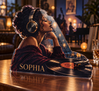 Artwork visualization: Jazz listening room — everyday hobby identity, personalized SOPHIA, subject-shaped acrylic with printed optical 3D depth; not carved relief.