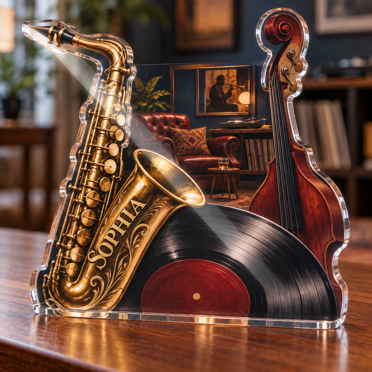 Artwork visualization: Jazz listening room — beginner encouragement, personalized SOPHIA, subject-shaped acrylic with printed optical 3D depth; not carved relief.