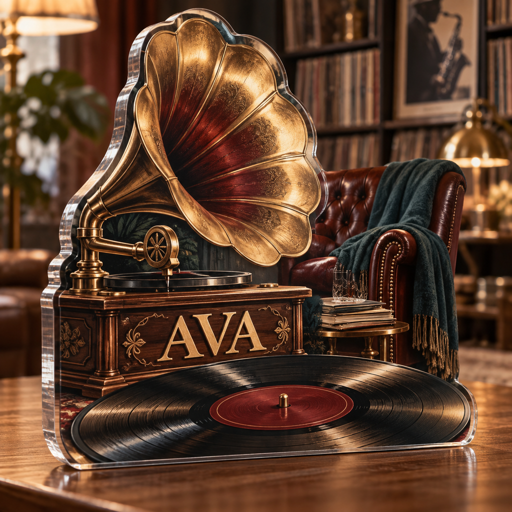 Artwork visualization: Jazz listening room — retirement hobby gift, personalized AVA, subject-shaped acrylic with printed optical 3D depth; not carved relief.