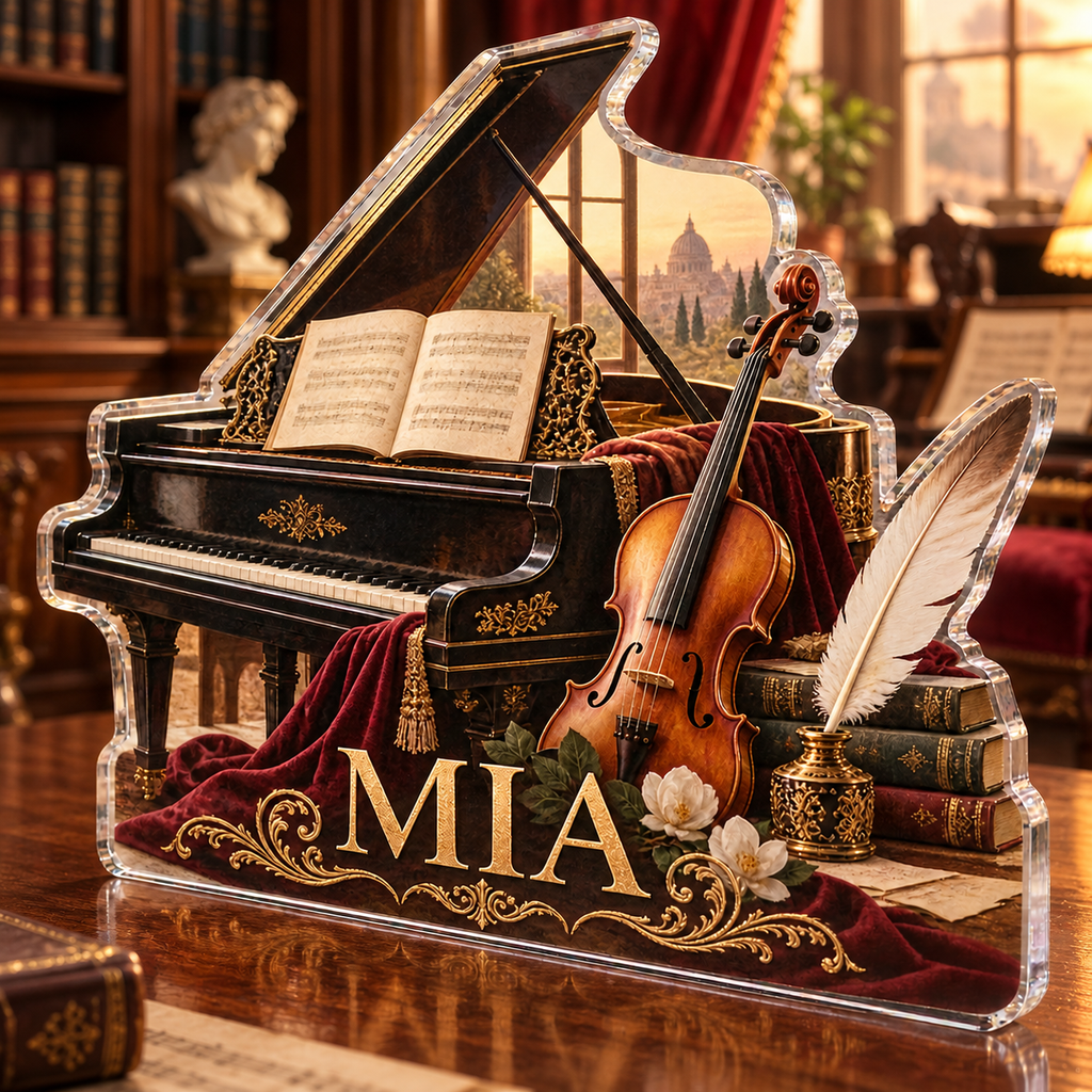 Artwork visualization: Classical music study — studio wall identity, personalized MIA, subject-shaped acrylic with printed optical 3D depth; not carved relief.