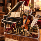Artwork visualization: Classical music study — studio wall identity, personalized MIA, subject-shaped acrylic with printed optical 3D depth; not carved relief.