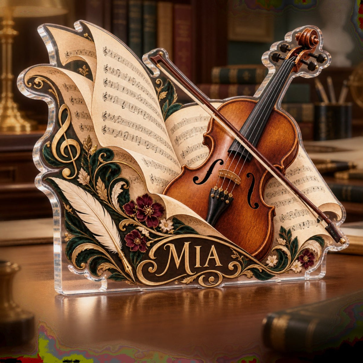 Personalized Classical Music Study Creative Desk Setup custom shape acrylic plaque with an example name set into the artwork, digital preview