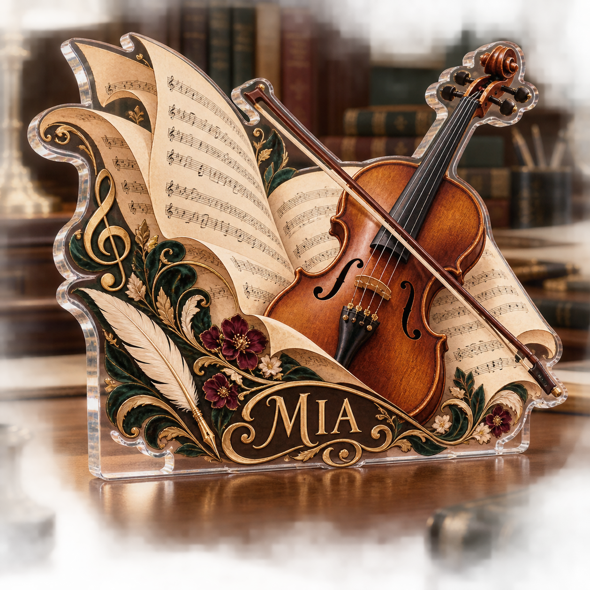 Artwork visualization: Classical music study — creative desk setup, personalized MIA, subject-shaped acrylic with printed optical 3D depth; not carved relief.