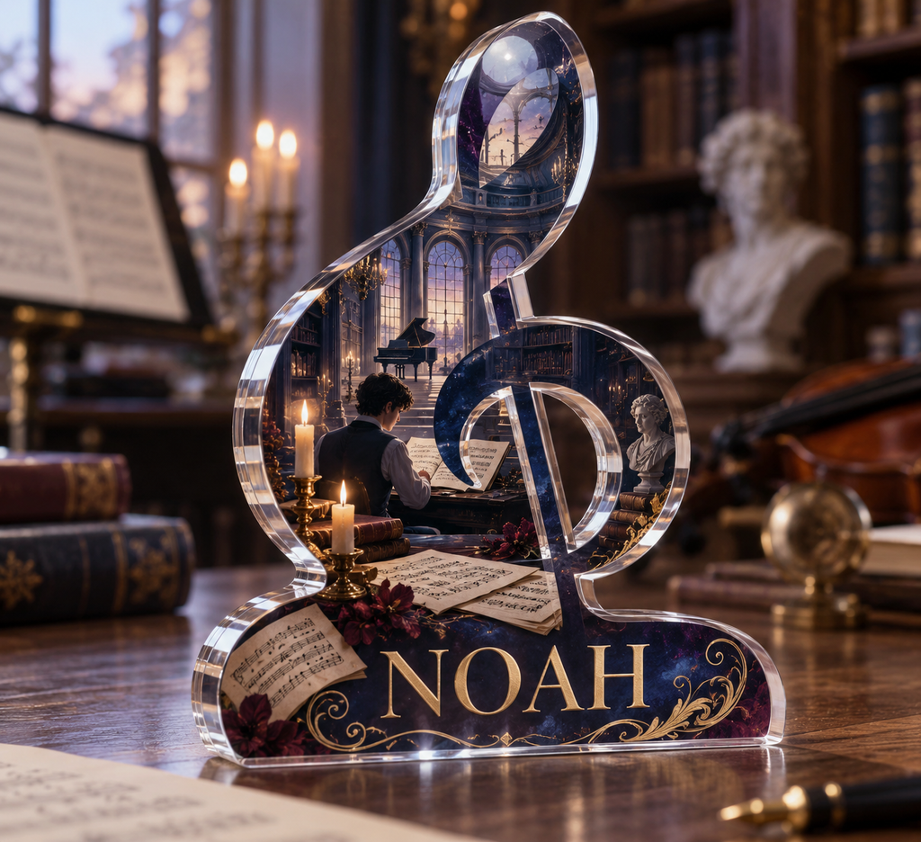 Artwork visualization: Classical music study — everyday hobby identity, personalized NOAH, subject-shaped acrylic with printed optical 3D depth; not carved relief.