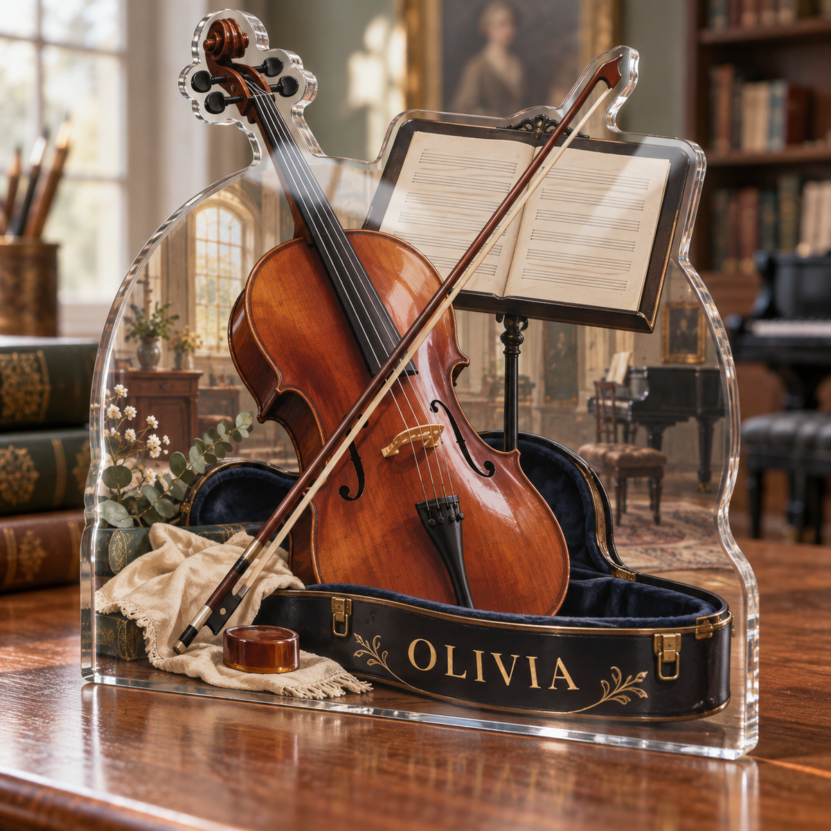 Artwork visualization: Classical music study — beginner encouragement, personalized OLIVIA, subject-shaped acrylic with printed optical 3D depth; not carved relief.