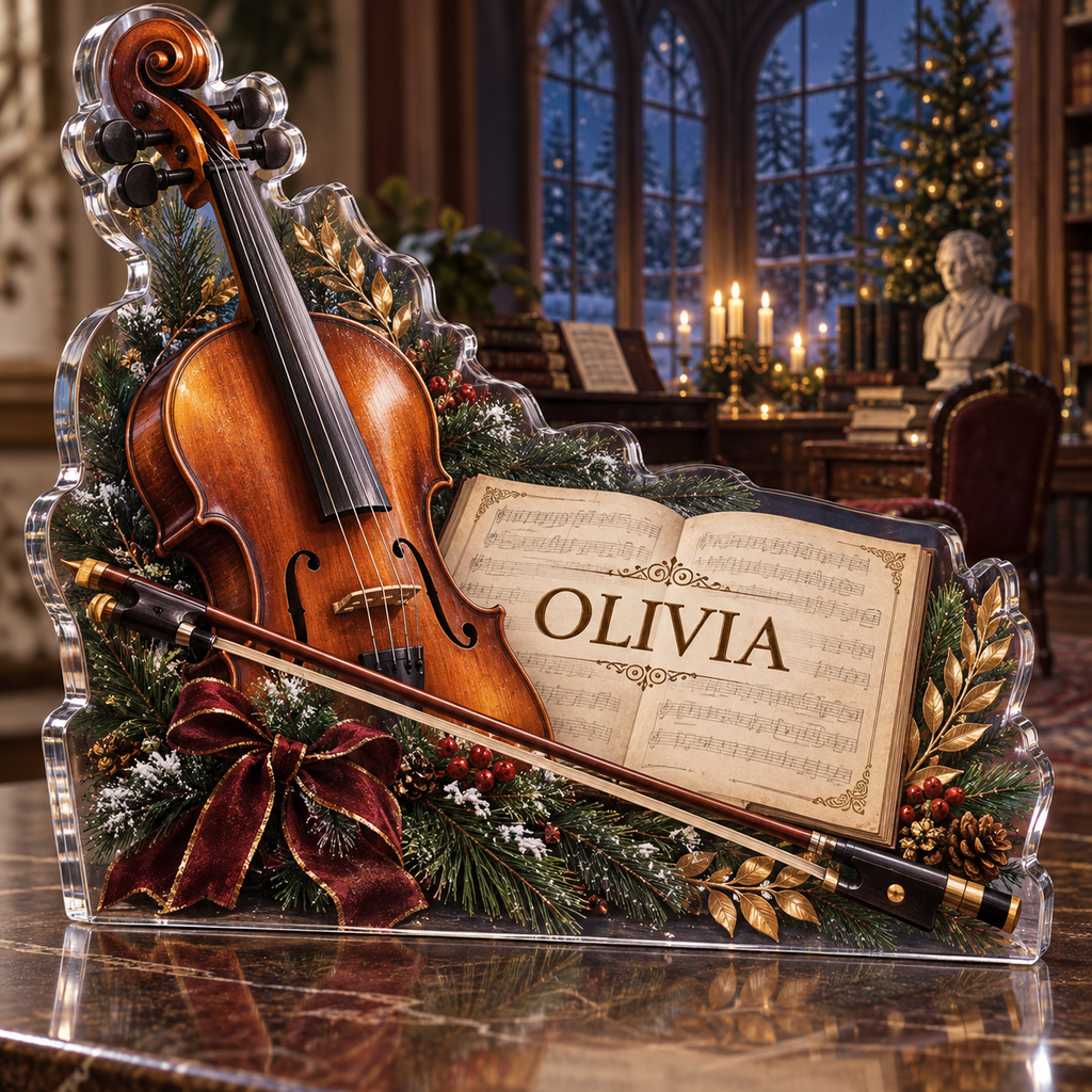Artwork visualization: Classical music study — mentor appreciation, personalized OLIVIA, subject-shaped acrylic with printed optical 3D depth; not carved relief.
