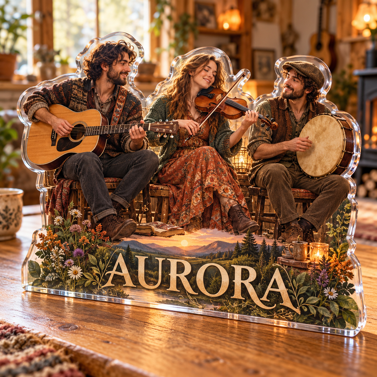 Artwork visualization: Folk music circle — studio wall identity, personalized AURORA, subject-shaped acrylic with printed optical 3D depth; not carved relief.