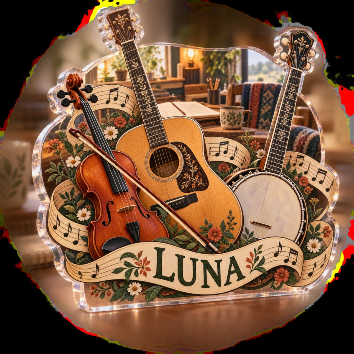 Personalized Folk Music Circle Creative Desk Setup custom shape acrylic plaque with an example name set into the artwork, digital preview
