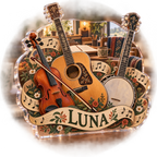 Artwork visualization: Folk music circle — creative desk setup, personalized LUNA, subject-shaped acrylic with printed optical 3D depth; not carved relief.