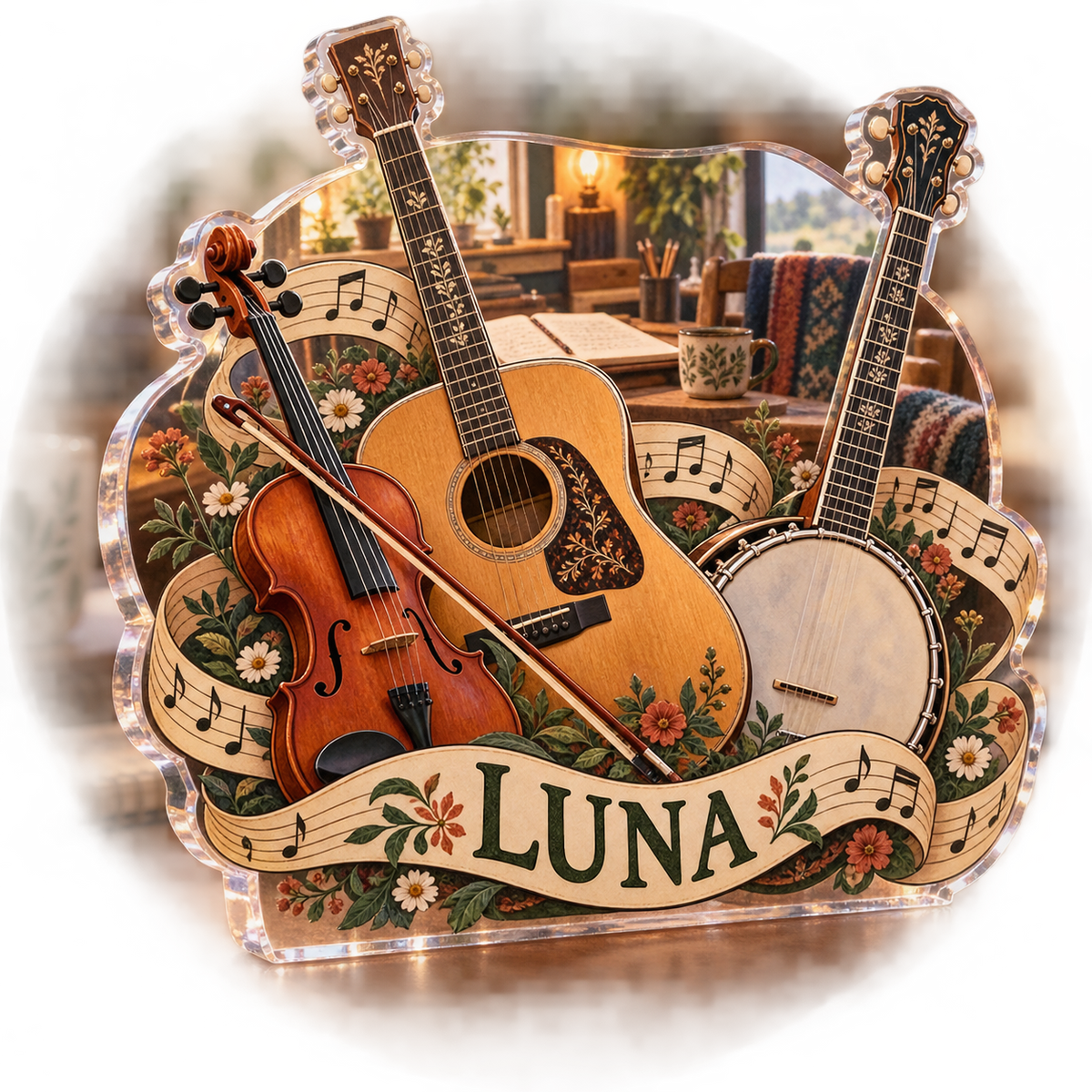 Artwork visualization: Folk music circle — creative desk setup, personalized LUNA, subject-shaped acrylic with printed optical 3D depth; not carved relief.
