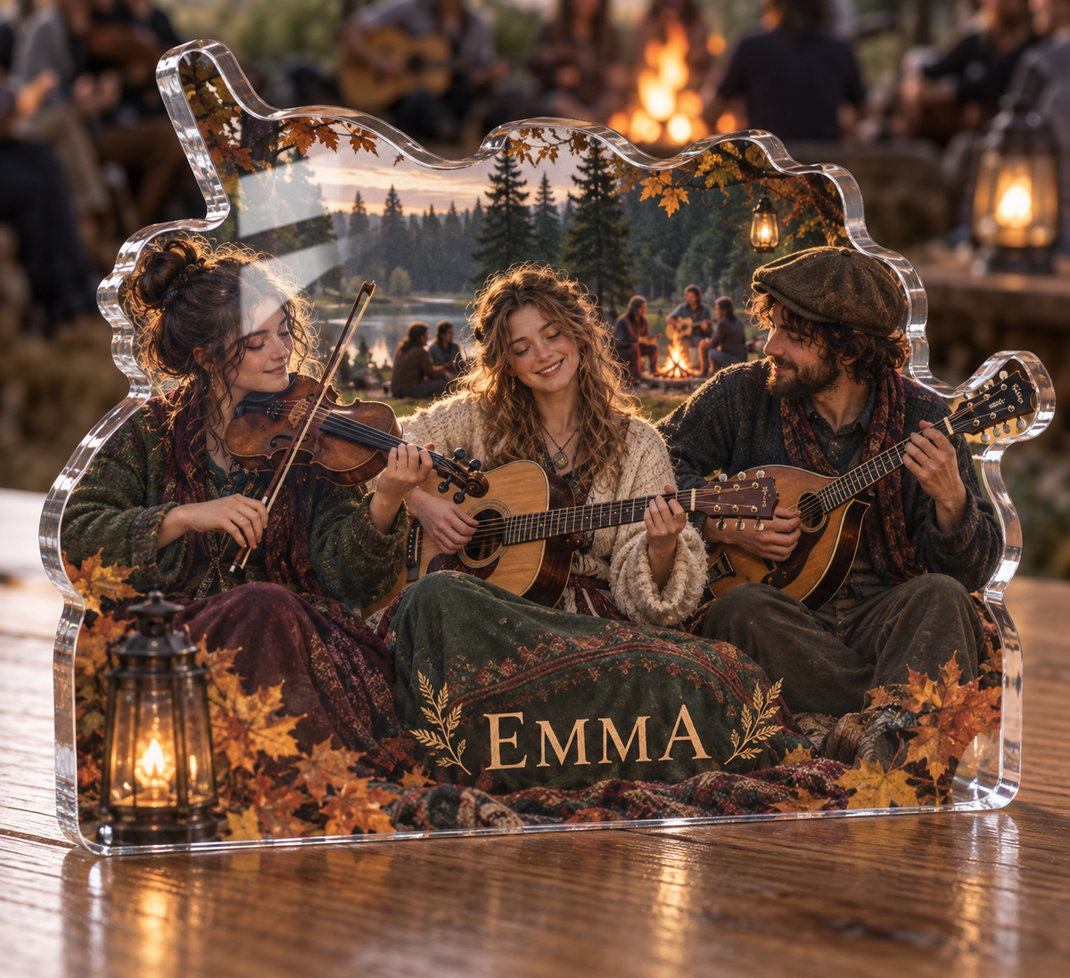 Artwork visualization: Folk music circle — everyday hobby identity, personalized EMMA, subject-shaped acrylic with printed optical 3D depth; not carved relief.