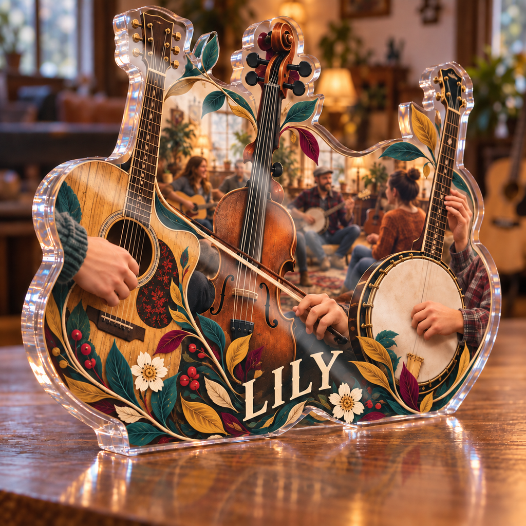 Artwork visualization: Folk music circle — beginner encouragement, personalized LILY, subject-shaped acrylic with printed optical 3D depth; not carved relief.
