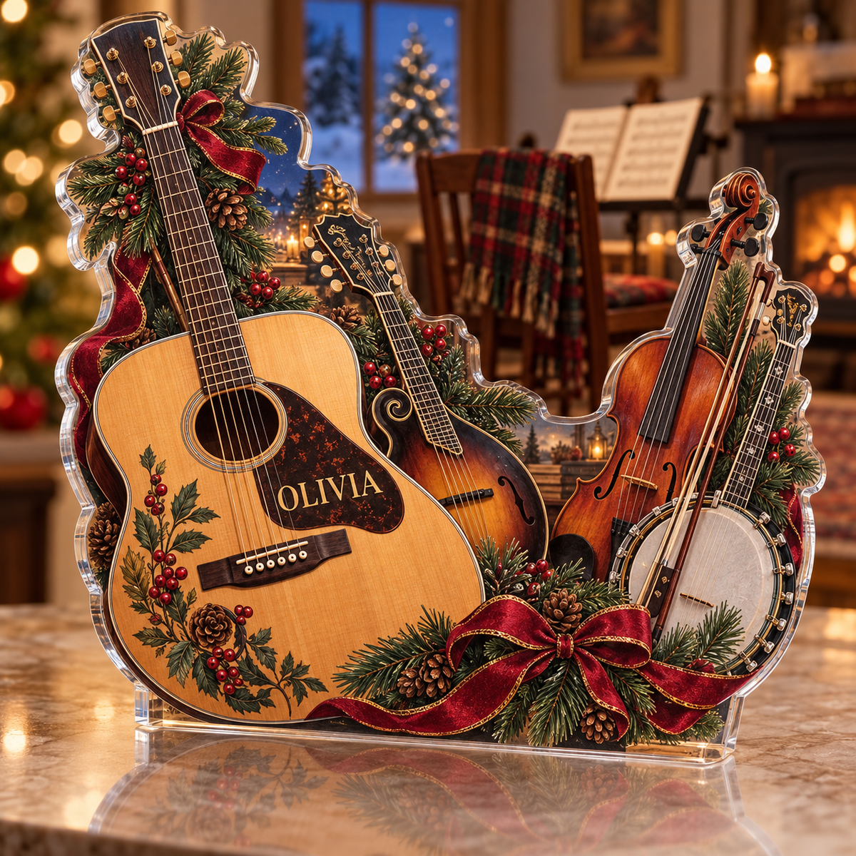 Artwork visualization: Folk music circle — mentor appreciation, personalized OLIVIA, subject-shaped acrylic with printed optical 3D depth; not carved relief.