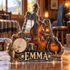 Artwork visualization: Bluegrass jam — studio wall identity, personalized EMMA, subject-shaped acrylic with printed optical 3D depth; not carved relief.