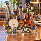 Artwork visualization: Bluegrass jam — creative desk setup, personalized ISLA, subject-shaped acrylic with printed optical 3D depth; not carved relief.