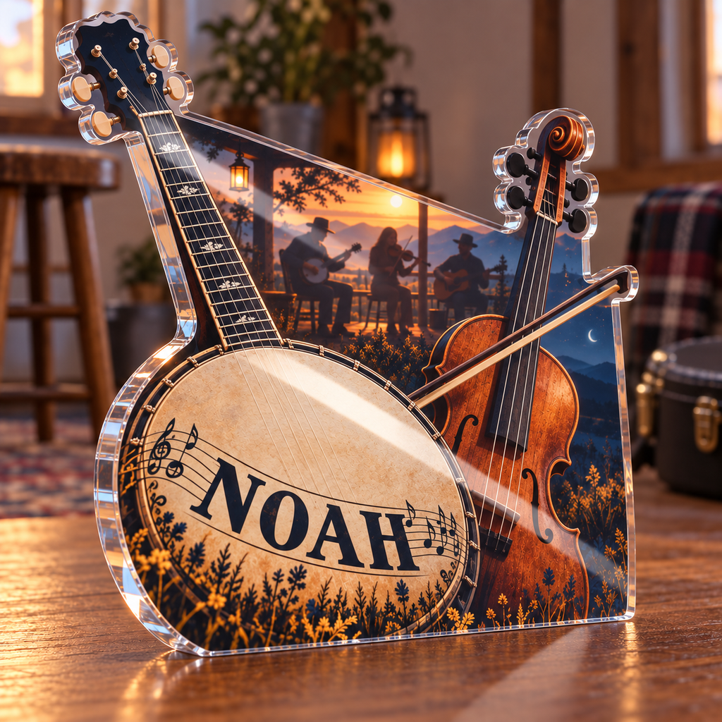 Artwork visualization: Bluegrass jam — beginner encouragement, personalized NOAH, subject-shaped acrylic with printed optical 3D depth; not carved relief.