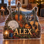 Artwork visualization: Bluegrass jam — mentor appreciation, personalized ALEX, subject-shaped acrylic with printed optical 3D depth; not carved relief.