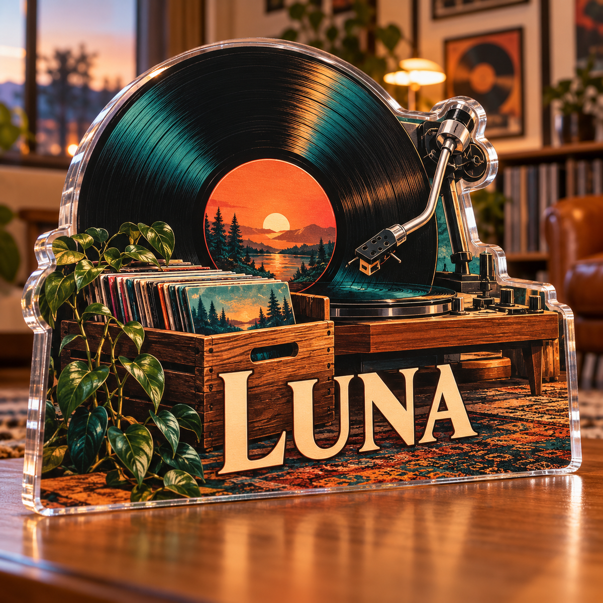 Artwork visualization: Vinyl record collecting — studio wall identity, personalized LUNA, subject-shaped acrylic with printed optical 3D depth; not carved relief.