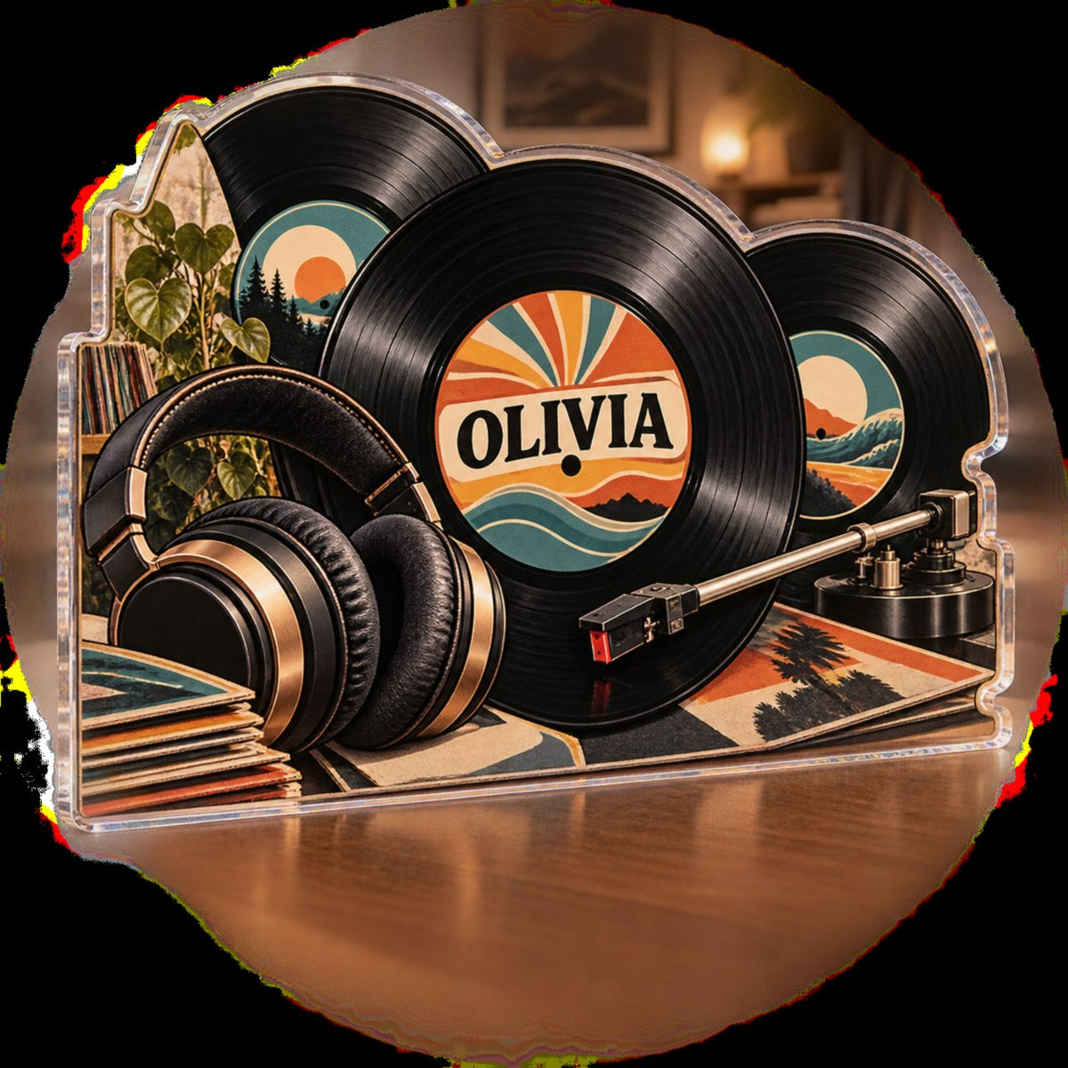 Personalized Vinyl Record Collecting Creative Desk Setup custom shape acrylic plaque with an example name set into the artwork, digital preview