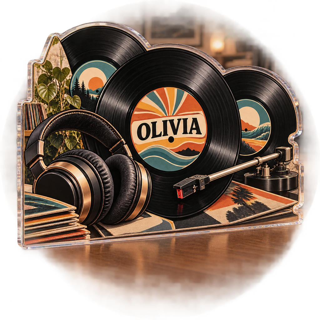 Artwork visualization: Vinyl record collecting — creative desk setup, personalized OLIVIA, subject-shaped acrylic with printed optical 3D depth; not carved relief.