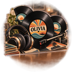 Artwork visualization: Vinyl record collecting — creative desk setup, personalized OLIVIA, subject-shaped acrylic with printed optical 3D depth; not carved relief.