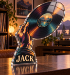 Artwork visualization: Vinyl record collecting — everyday hobby identity, personalized JACK, subject-shaped acrylic with printed optical 3D depth; not carved relief.