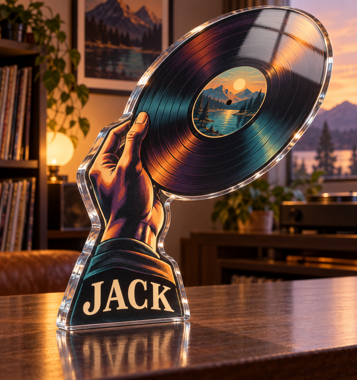 Artwork visualization: Vinyl record collecting — everyday hobby identity, personalized JACK, subject-shaped acrylic with printed optical 3D depth; not carved relief.