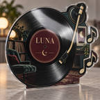 Artwork visualization: Vinyl record collecting — beginner encouragement, personalized LUNA, subject-shaped acrylic with printed optical 3D depth; not carved relief.