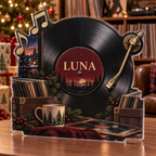 Artwork visualization: Vinyl record collecting — mentor appreciation, personalized LUNA, subject-shaped acrylic with printed optical 3D depth; not carved relief.