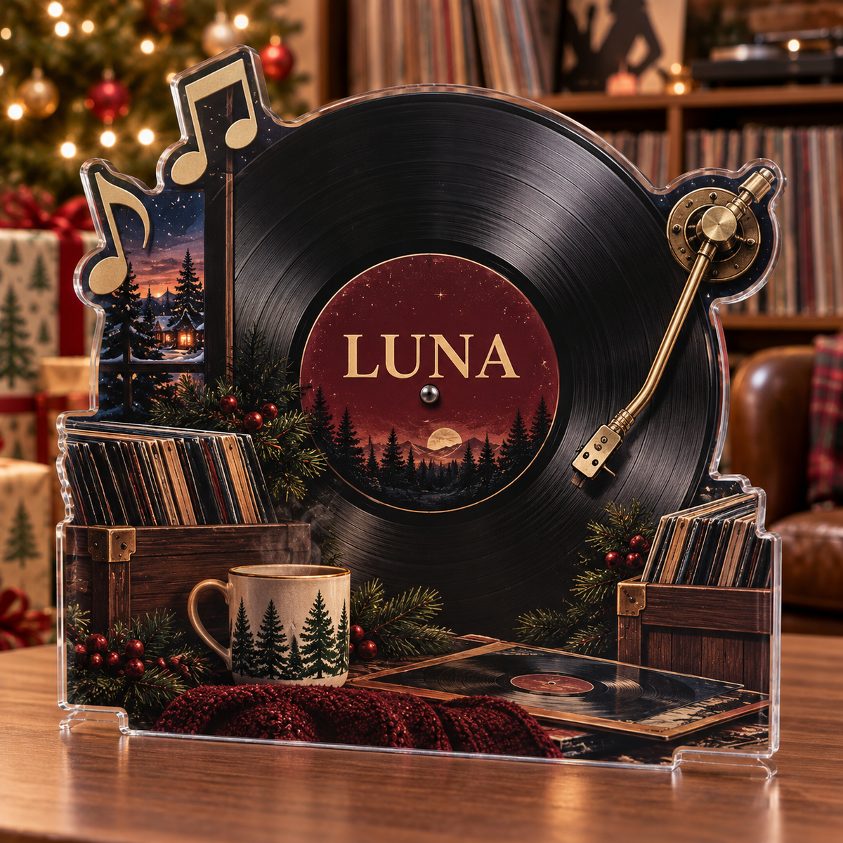 Artwork visualization: Vinyl record collecting — mentor appreciation, personalized LUNA, subject-shaped acrylic with printed optical 3D depth; not carved relief.
