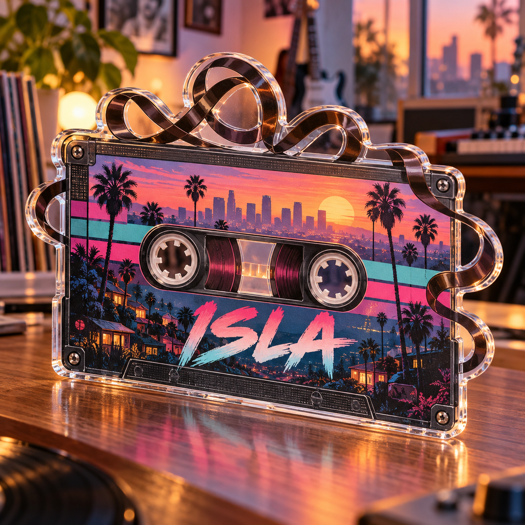 Artwork visualization: Cassette nostalgia — studio wall identity, personalized ISLA, subject-shaped acrylic with printed optical 3D depth; not carved relief.