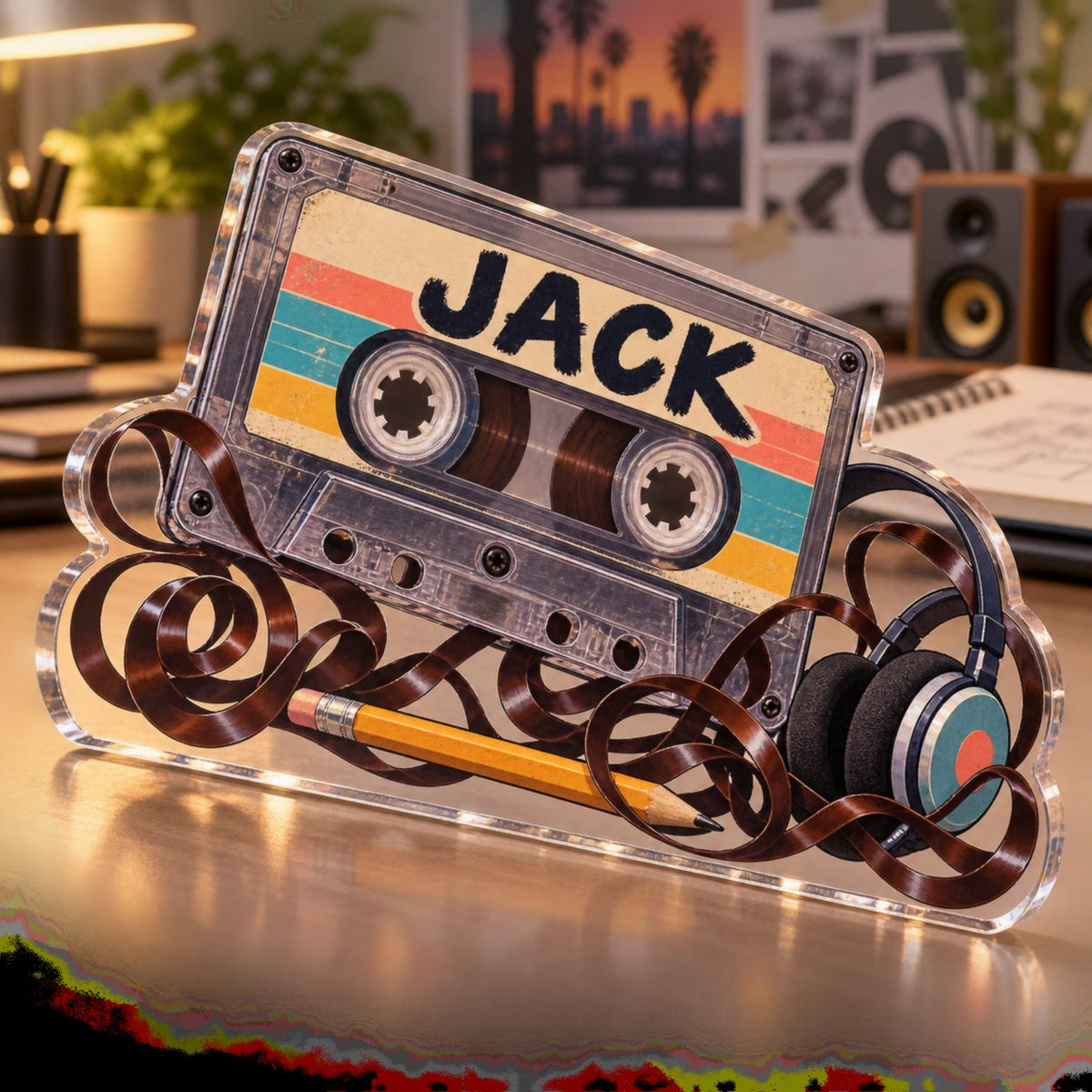 Personalized Cassette Nostalgia Creative Desk Setup custom shape acrylic plaque with an example name set into the artwork, digital preview