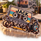 Artwork visualization: Cassette nostalgia — creative desk setup, personalized JACK, subject-shaped acrylic with printed optical 3D depth; not carved relief.