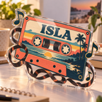 Artwork visualization: Cassette nostalgia — beginner encouragement, personalized ISLA, subject-shaped acrylic with printed optical 3D depth; not carved relief.