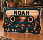 Artwork visualization: Cassette nostalgia — retirement hobby gift, personalized NOAH, subject-shaped acrylic with printed optical 3D depth; not carved relief.