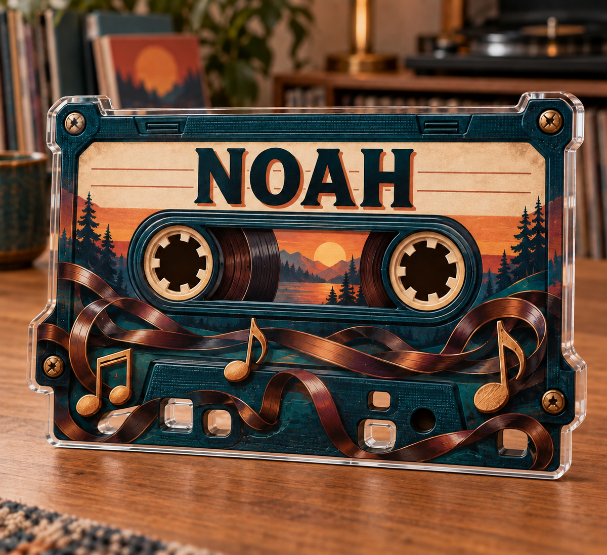 Artwork visualization: Cassette nostalgia — retirement hobby gift, personalized NOAH, subject-shaped acrylic with printed optical 3D depth; not carved relief.