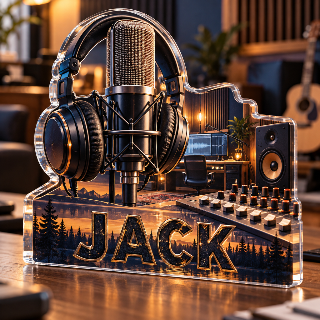 Artwork visualization: Home recording studio — studio wall identity, personalized JACK, subject-shaped acrylic with printed optical 3D depth; not carved relief.