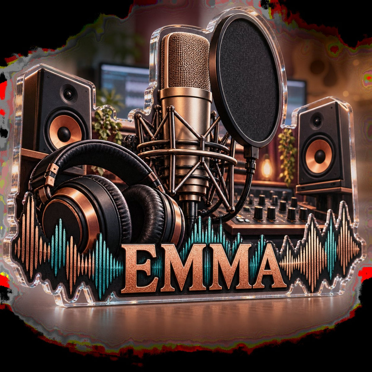 Personalized Home Recording Studio Creative Desk Setup custom shape acrylic plaque with an example name set into the artwork, digital preview