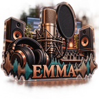 Artwork visualization: Home recording studio — creative desk setup, personalized EMMA, subject-shaped acrylic with printed optical 3D depth; not carved relief.