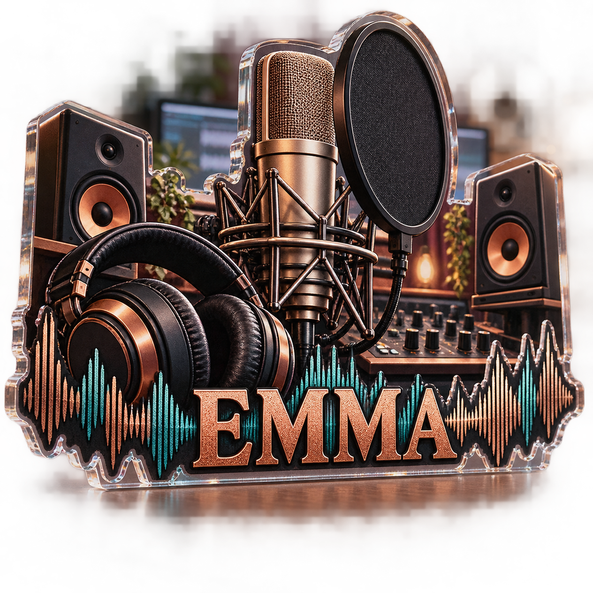 Artwork visualization: Home recording studio — creative desk setup, personalized EMMA, subject-shaped acrylic with printed optical 3D depth; not carved relief.