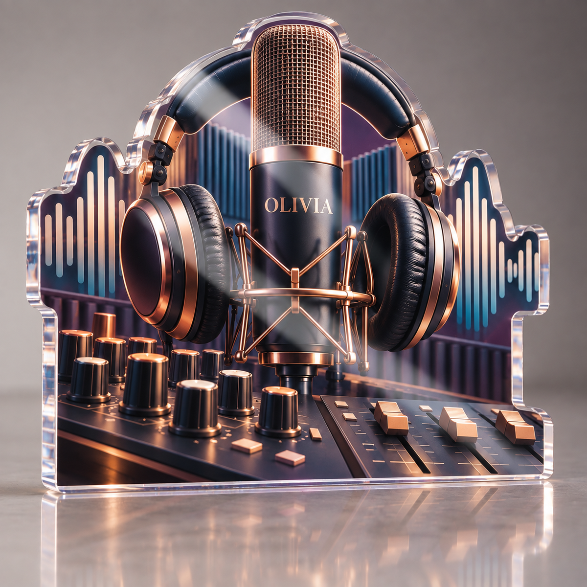 Artwork visualization: Home recording studio — beginner encouragement, personalized OLIVIA, subject-shaped acrylic with printed optical 3D depth; not carved relief.