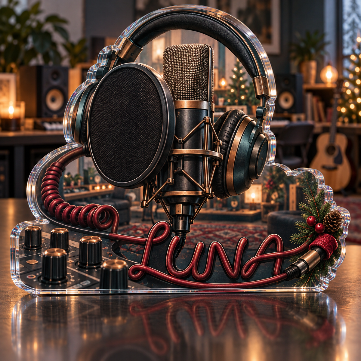 Artwork visualization: Home recording studio — mentor appreciation, personalized LUNA, subject-shaped acrylic with printed optical 3D depth; not carved relief.